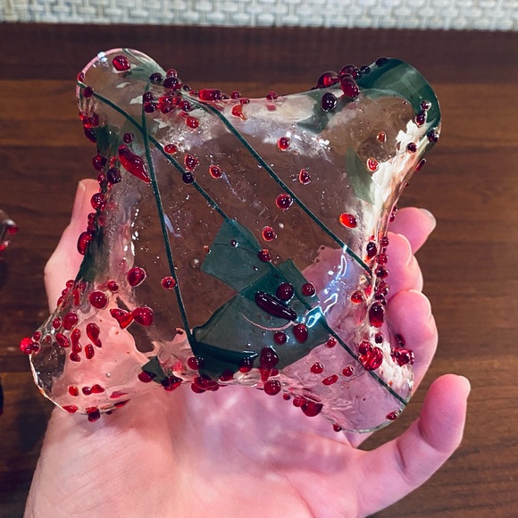 🎄🌟HP🌟Set of 2 Holly Art Glass Tealight Holders Christmas Décor by A Abrahams - Picture 10 of 10